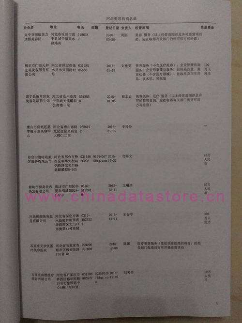 河北美容院企業(yè)黃頁收錄了最新的河北美容院企業(yè)名單，具有極高的營(yíng)銷價(jià)值，實(shí)實(shí)在在提高銷售業(yè)績(jī)